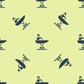 Blue Swing boat on the playground icon isolated seamless pattern on yellow background. Childrens carousel with boat