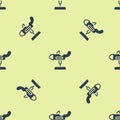 Blue Swing plane on the playground icon isolated seamless pattern on yellow background. Childrens carousel with plane