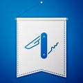 Blue Swiss army knife icon isolated on blue background. Multi-tool, multipurpose penknife. Multifunctional tool. White