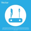 Blue Swiss army knife icon isolated on blue background. Multi-tool, multipurpose penknife. Multifunctional tool. White