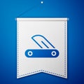 Blue Swiss army knife icon isolated on blue background. Multi-tool, multipurpose penknife. Multifunctional tool. White