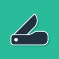 Blue Swiss army knife icon isolated on green background. Multi-tool, multipurpose penknife. Multifunctional tool. Vector