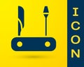 Blue Swiss army knife icon isolated on yellow background. Multi-tool, multipurpose penknife. Multifunctional tool