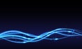 Blue swoosh neon wave over dark background. Shimmering waves with light effect and star dust trail. Blue swoosh design