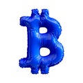 Blue symbol bitcoin made of inflatable balloon isolated on white background