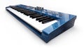 Blue synthesizer MIDI keyboard on white background. Synth keys close-up. 3d rendering