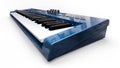 Blue synthesizer MIDI keyboard on white background. Synth keys close-up. 3d rendering
