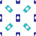 Blue System bug on mobile icon isolated seamless pattern on white background. Code bug concept. Bug in the system. Bug