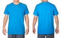 Blue t-shirt on a young man isolated on white background. Front and back view