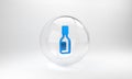 Blue Tabasco sauce icon isolated on grey background. Chili cayenne spicy pepper sauce. Glass circle button. 3D render