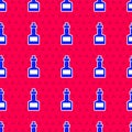 Blue Tabasco sauce icon isolated seamless pattern on red background. Chili cayenne spicy pepper sauce. Vector