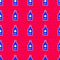 Blue Tabasco sauce icon isolated seamless pattern on red background. Chili cayenne spicy pepper sauce. Vector