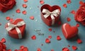 A blue table with red hearts and red roses on it. Three heart shaped boxes are placed on the table. Royalty Free Stock Photo