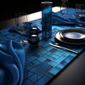 Blue Table Setting In Mosaic-inspired Realism: 3d Model Of Dining Table