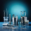 Blue table with various medical tools and equipment arranged on it. These items include scissors, tweezers, needles Royalty Free Stock Photo