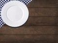 Blue tablecloth on cage and empy plate on wooden table background