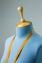 Blue tailor dummy with measuring tape alongside the wall. Royalty Free Stock Photo