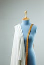 Blue tailor dummy with measuring tape alongside the wall. Royalty Free Stock Photo