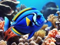 Blue tang fish underwater scene with cora