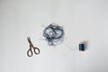 Blue tangle thread spool and scissors