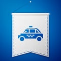 Blue Taxi car icon isolated on blue background. White pennant template. Vector