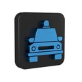 Blue Taxi car icon isolated on transparent background. Black square button.