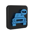 Blue Taxi car icon isolated on transparent background. Black square button.