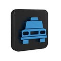 Blue Taxi car icon isolated on transparent background. Black square button.