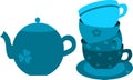 Blue tea pot and four cups on plate Royalty Free Stock Photo