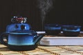 Blue tea set for tea ceremony.