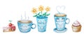 Blue tea set. Cute tea set with funny characters. Teapot cups sugar bowl canfeta bagels