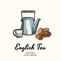 Blue teapot, cup and donuts hand drawn vector illustration in old style for cafe menu, logo, banner, flayer Royalty Free Stock Photo