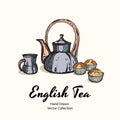 Blue teapot, cup and muffins hand drawn vector illustration old style for cafe menu, logo, banner, flayer, coffee shop Royalty Free Stock Photo