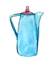 Blue teapot with red cover watercolor sketch