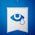 Blue Tear cry eye icon isolated on blue background. White pennant template. Vector