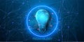 Blue technological background. Low poly style light bulb in a neon circle, concept of an idea or technology. Royalty Free Stock Photo