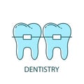 Blue teeth with braces icon. Thin line art template for dentistry logo. Color outline illustration. Contour hand drawn isolated