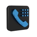 Blue Telephone handset icon isolated on transparent background. Phone sign. Black square button. Royalty Free Stock Photo