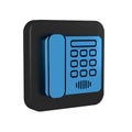 Blue Telephone icon isolated on transparent background. Landline phone. Black square button. Royalty Free Stock Photo