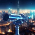 Blue Telescope with Blurred City Background. Generative AI Royalty Free Stock Photo