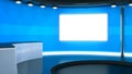 A blue television studio background