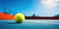 Blue Tennis Court With Yellow Tennis Ball Closeup. Sports Game Match At Sunny Day, Blue Sky On Background. AI generated Royalty Free Stock Photo