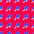 Blue Tennis racket with ball icon isolated seamless pattern on red background. Sport equipment. Vector Royalty Free Stock Photo