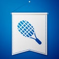 Blue Tennis racket icon isolated on blue background. Sport equipment. White pennant template. Vector Illustration Royalty Free Stock Photo