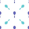 Blue Tennis racket icon isolated seamless pattern on white background. Sport equipment. Vector Illustration Royalty Free Stock Photo