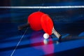 blue tennis table with two rackets, white net ball Royalty Free Stock Photo