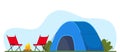 Blue Tent, Campfire And Chairs. Banner, Poster For Climbing, Hiking, Trakking Sport, Adventure Tourism, Travel, Backpacking.