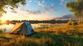 Blue Tent on Lush Green Field. Hiking and outdoor recreation