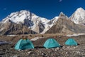 Blue tents at Concordia camp in front of Broadpeak mountain, K2