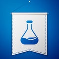 Blue Test tube and flask icon isolated on blue background. Chemical laboratory test. Laboratory glassware. White pennant Royalty Free Stock Photo